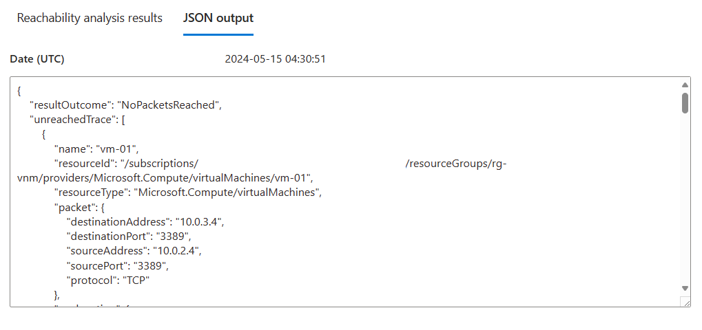 Zrzut ekranu przedstawiający dane wyjściowe JSON w celu uzyskania wyników analizy osiągalności.