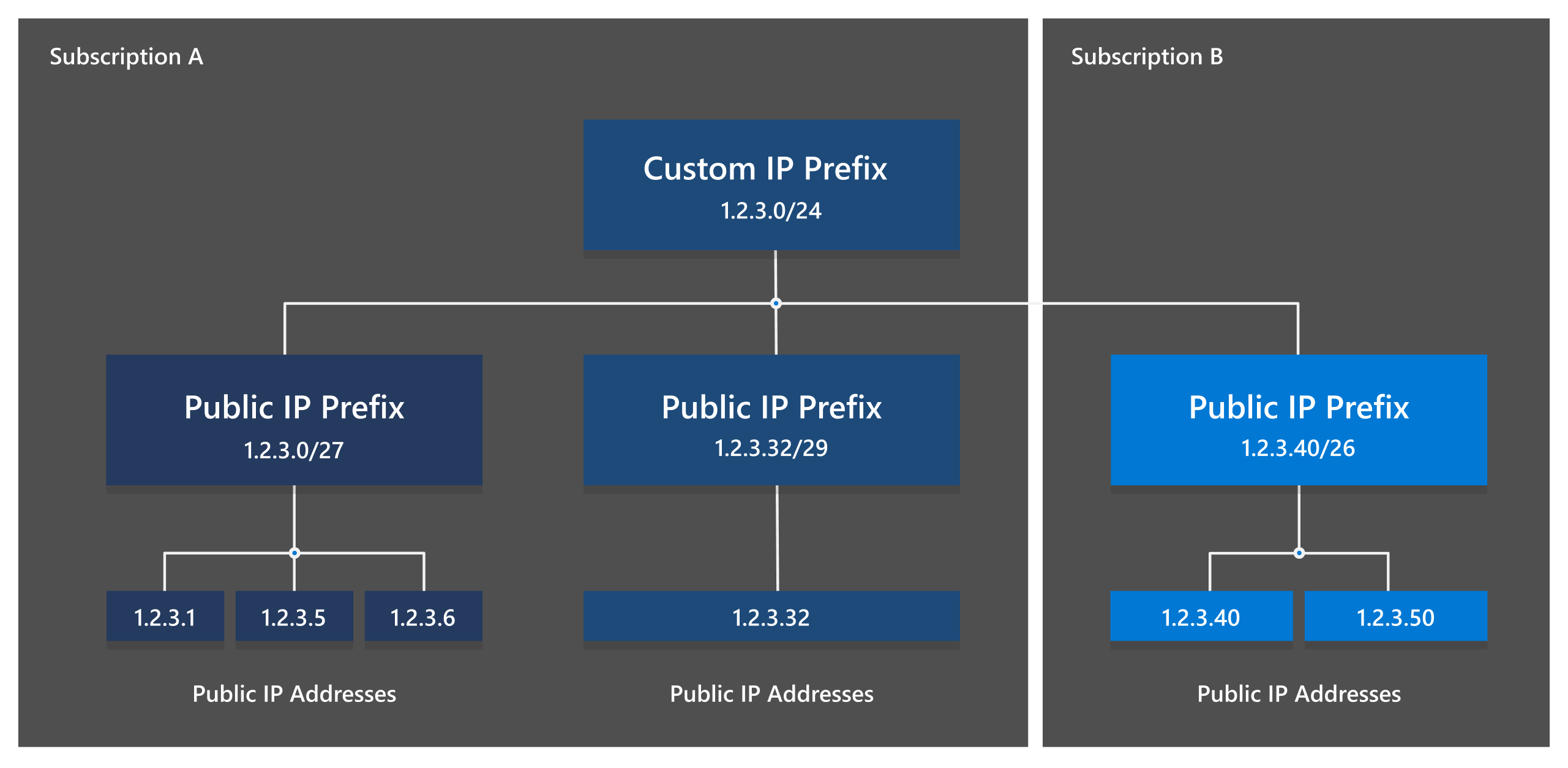 Diagram niestandardowego prefiksu adresu IP przedstawiający pochodne prefiksy publicznych adresów IP w wielu subskrypcjach.