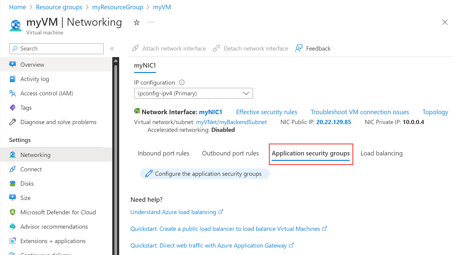 Zrzut ekranu przedstawiający konfigurację grupy zabezpieczeń aplikacji.