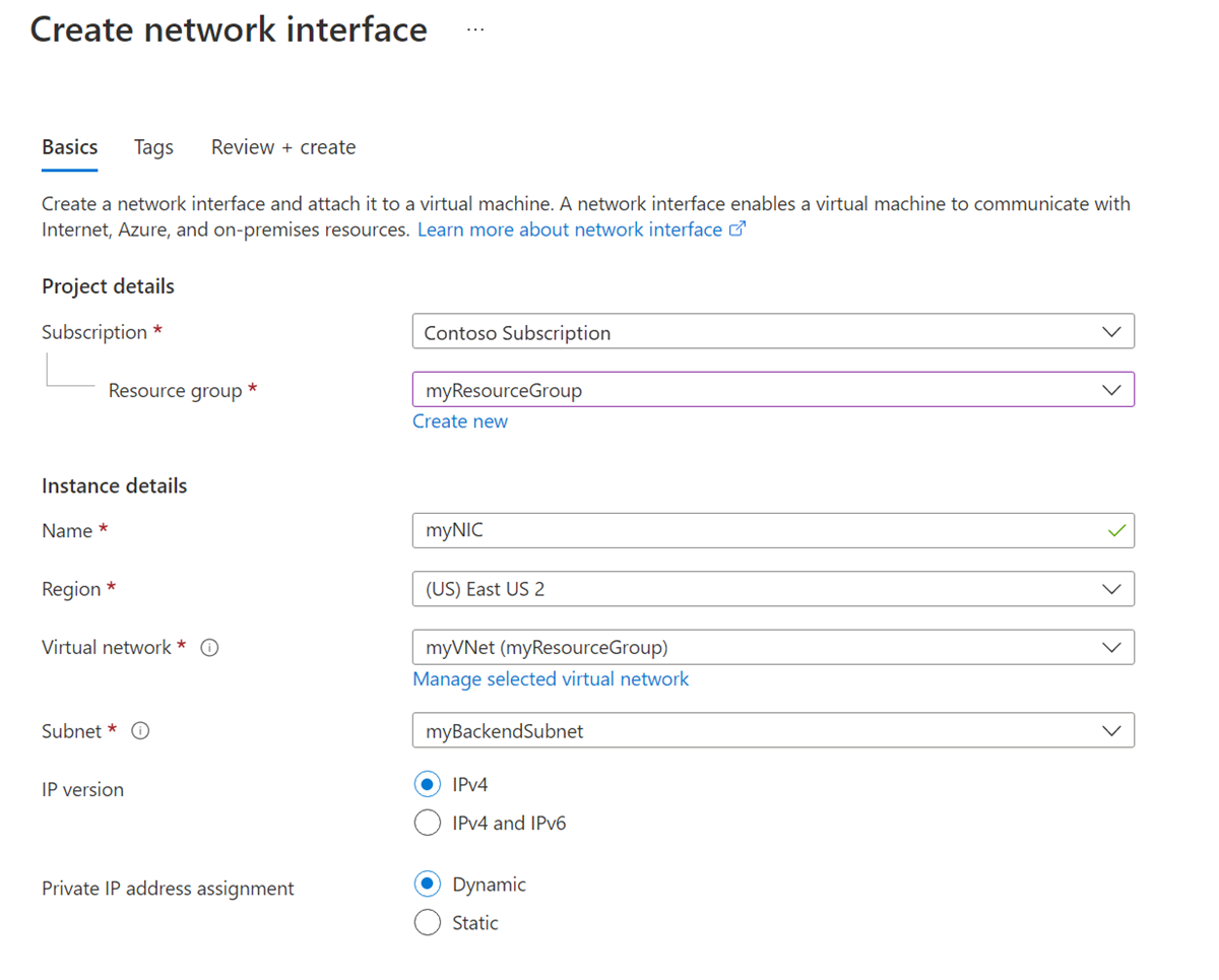 Zrzut ekranu przedstawiający ekran Tworzenie interfejsu sieciowego w witrynie Azure Portal.