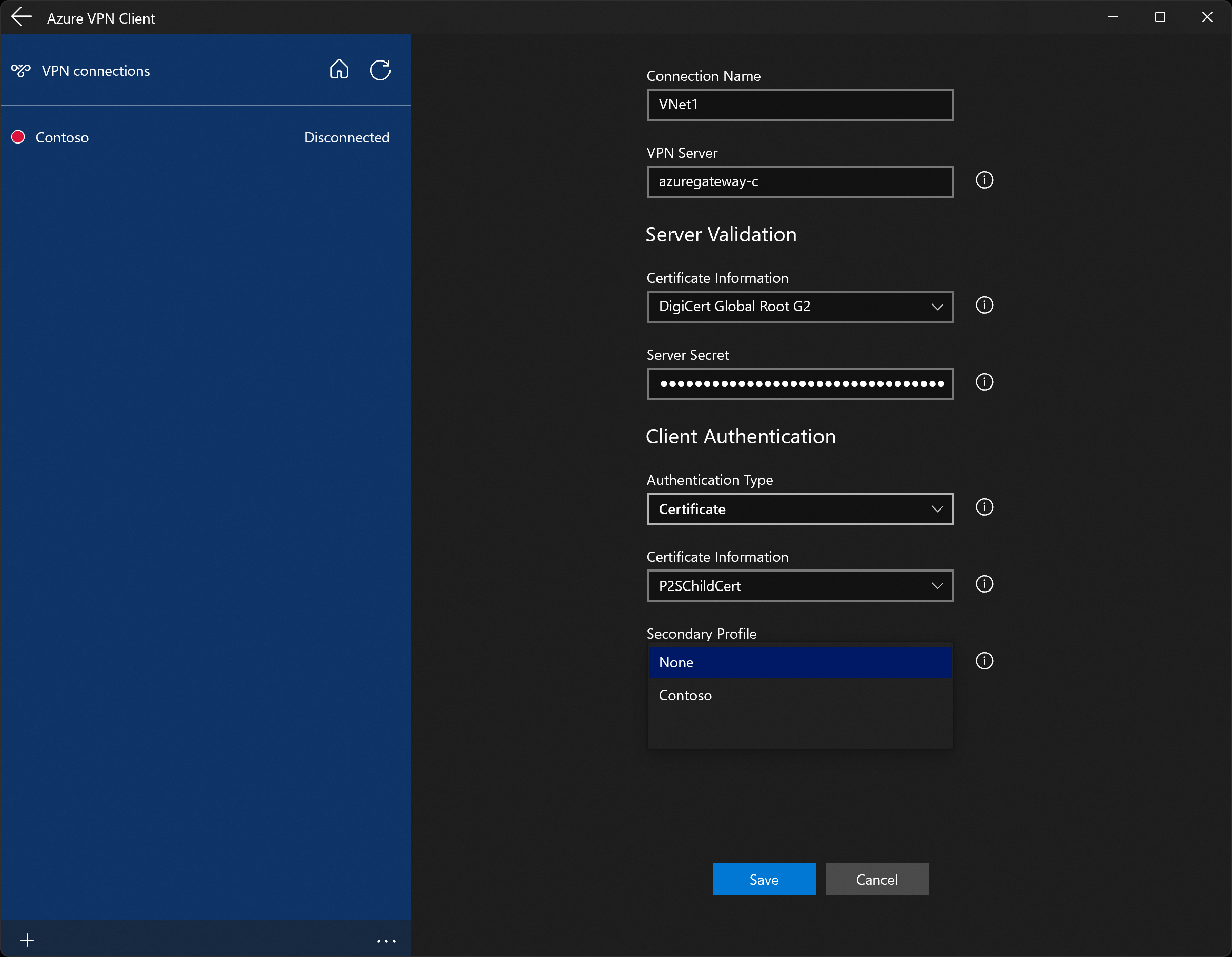 Zrzut ekranu przedstawiający stronę konfiguracji profilu klienta sieci VPN platformy Azure.