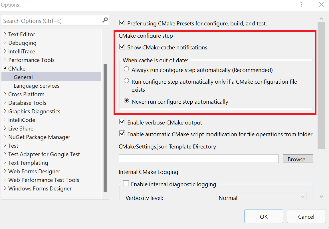 Zrzut ekranu przedstawiający opcje konfiguracji narzędzia CMake w oknie ustawień programu Visual Studio.