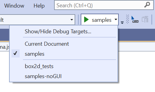 Zrzut ekranu przedstawiający listę rozwijaną debugowania programu Visual Studio.