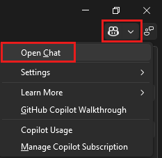  Zrzut ekranu przedstawiający ikonę GitHub z wybraną pozycją Otwórz czat.