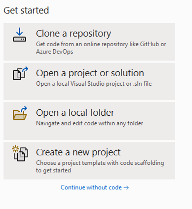 Zrzut ekranu przedstawiający okno dialogowe Wprowadzenie do programu Visual Studio 2022.