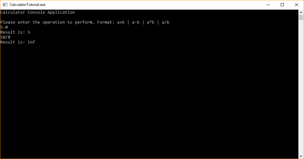 Zrzut ekranu przedstawiający konsolę debugowania programu Visual Studio z wynikiem operacji dzielenia według zera.