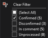Zrzut ekranu przedstawiający opcje filtrowania. Obejmuje potwierdzone, niepotwierdzone, w komentarzu i nieprzetworzone. Każdy pokazuje, ile wyników ma zastosowanie do tej kategorii.