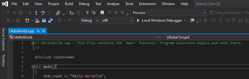 Zrzut ekranu programu Visual Studio z ciemnym motywem kolorów.