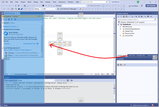 Zrzut ekranu przedstawiający okno programu Visual Studio Team Explorer z wyróżnionym niebieskim cieniowanym obszarem, w którym zostanie umieszczone okno po wydaniu myszy.