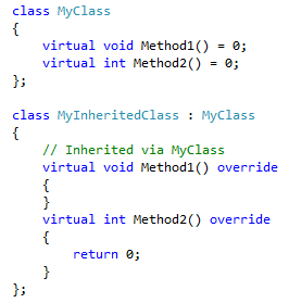 Zrzut ekranu przedstawiający klasę MyInheritedClass, która ma teraz 2 definicje metod wirtualnych, które są zgodne z nazwami i podpisami deklaracji w klasie bazowej.