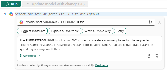 Zrzut ekranu przedstawiający krótki opis funta JĘZYKA DAX SUMMARIZECOLUMNS.