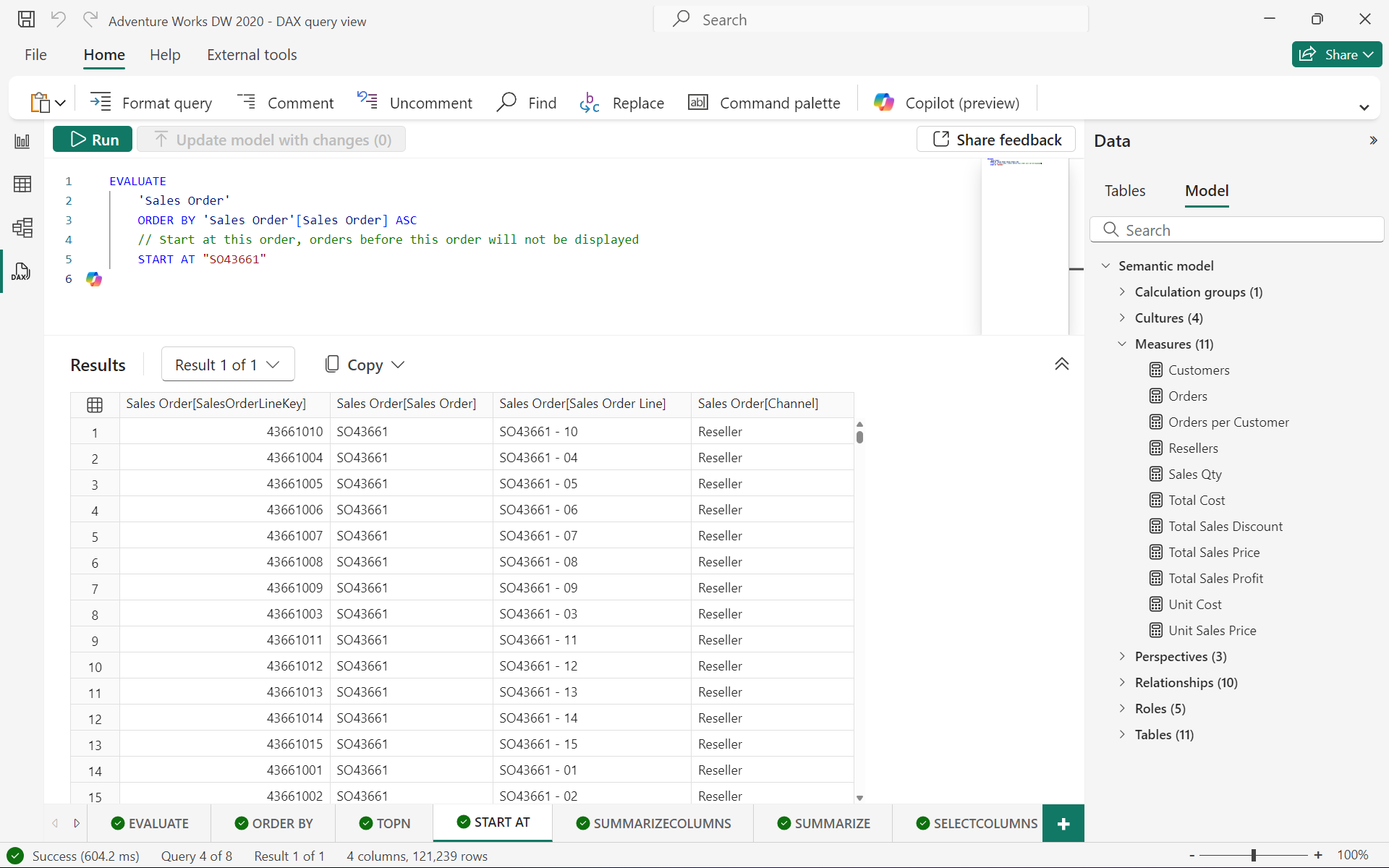 DaX Evaluate order by Sales order number statement (DaX Evaluate order order by Sales order number statement)