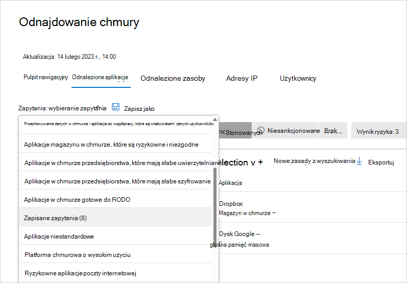 Zrzut ekranu listy „Zapisane zapytania” służącej do wybrania wcześniej zapisanego zapytania dotyczącego wykrytej aplikacji.