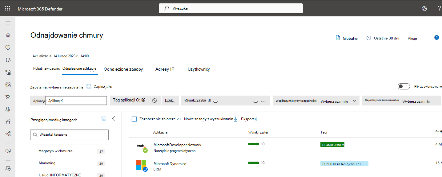 Zrzut ekranu przedstawiający opcje filtru odnalezionych aplikacji w Microsoft Defender for Cloud Apps.