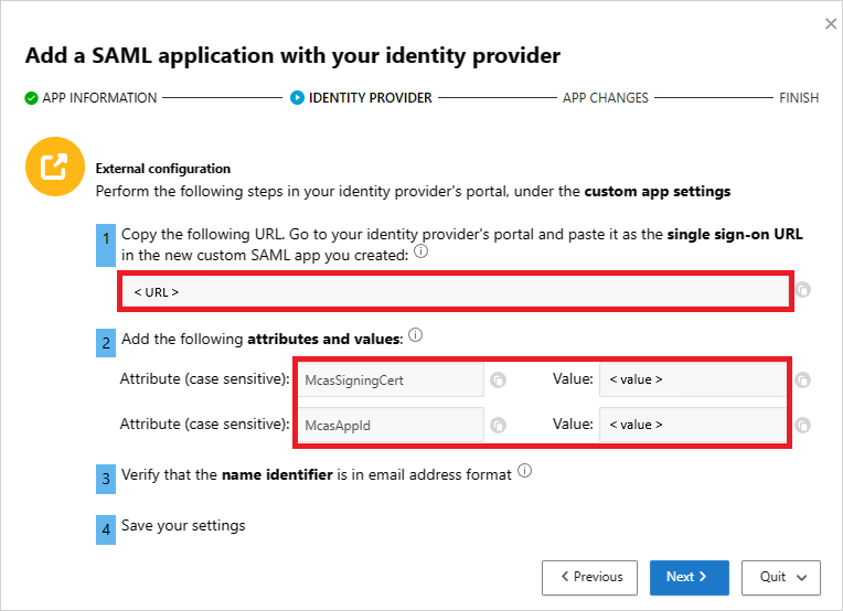 Zrzut ekranu strony Defender for Cloud Apps z widocznymi adresem URL logowania jednokrotnego (SSO) i atrybutami SAML do skopiowania.