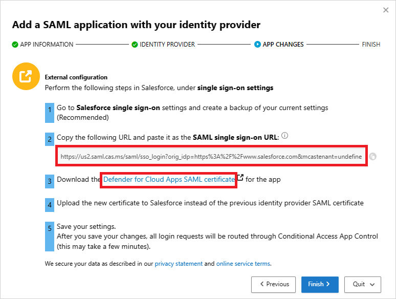 Zrzut ekranu przedstawiający stronę ZMIANY APLIKACJI w Defender for Cloud Apps, na której widoczny jest adres URL logowania jednokrotnego SAML (SSO) oraz opcja pobrania certyfikatu.