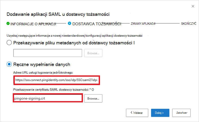 Zrzut ekranu przedstawiający stronę dostawcy tożsamości Defender for Cloud Apps z polami adresu URL usługi logowania jednokrotnego i certyfikatu SAML.