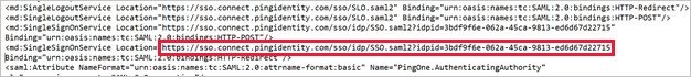 Zrzut ekranu przedstawiający istniejące metadane SAML aplikacji Salesforce z wartością SingleSignOnService Location.