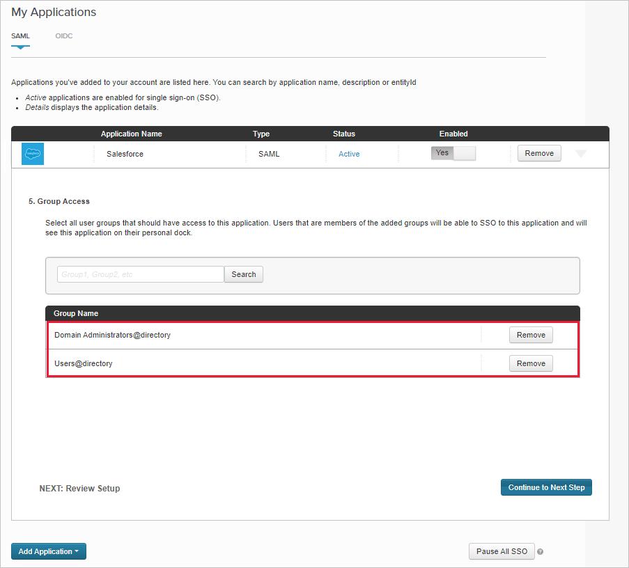 Zrzut ekranu przedstawiający istniejącą stronę dostępu do grupy aplikacji Salesforce z przypisanymi grupami.