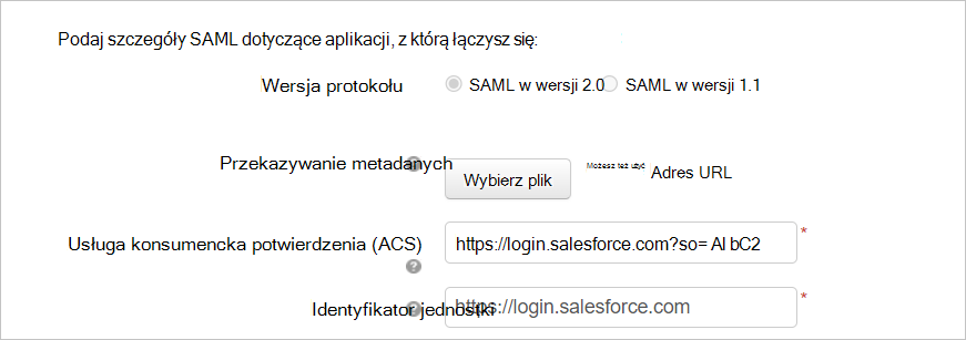 Zrzut ekranu przedstawiający stronę konfiguracji aplikacji niestandardowej w Salesforce z wprowadzonymi danymi SAML.