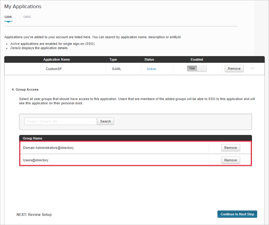 Zrzut ekranu przedstawiający niestandardową stronę dostępu do grupy aplikacji Salesforce z grupami przypisanymi w aplikacji PingOne.