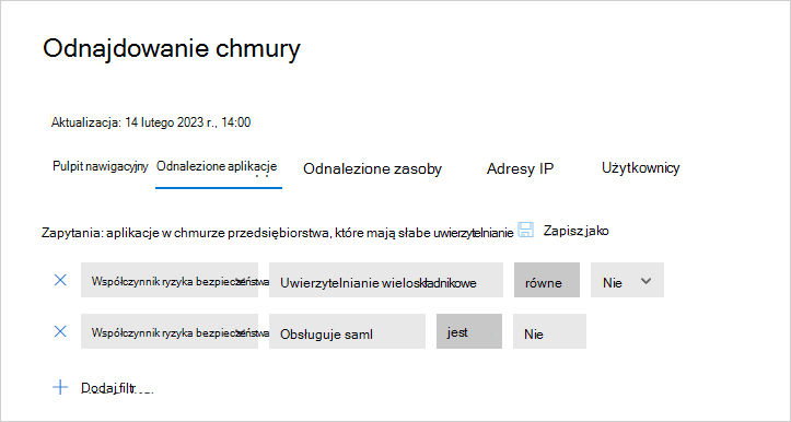 Zrzut ekranu przedstawiający listę sugerowanych zapytań dotyczących filtrowania odnalezionych aplikacji w Defender for Cloud Apps.