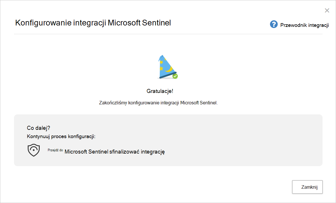 Zrzut ekranu przedstawiający stronę zakończenia konfigurowania integracji z usługą Microsoft Sentinel.