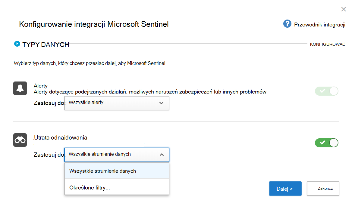 Zrzut ekranu przedstawiający stronę początkową konfigurowania integracji z usługą Microsoft Sentinel.