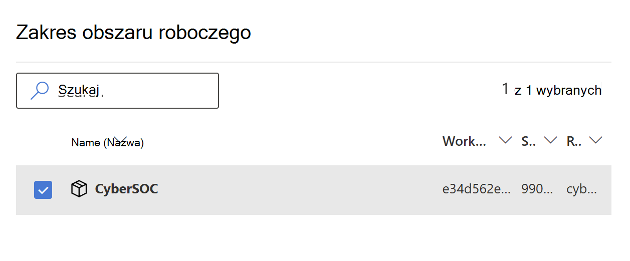Zrzut ekranu przedstawiający wybieranie zakresu obszaru roboczego Microsoft Sentinel.