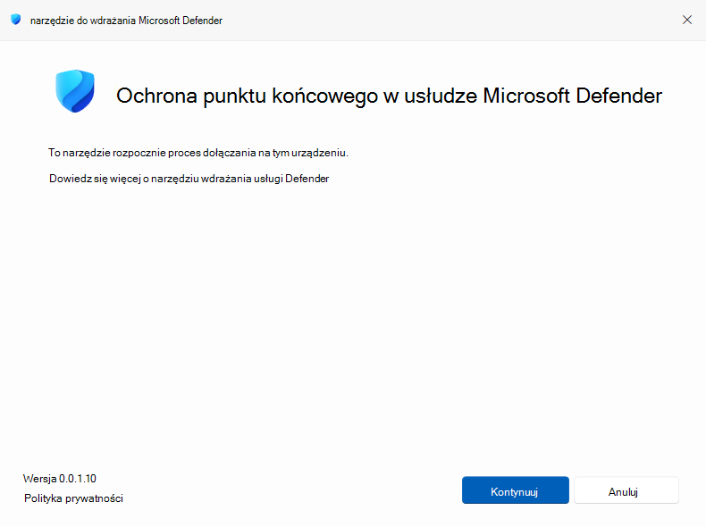 Zrzut ekranu przedstawiający uruchamianie narzędzia wdrażania usługi Defender w trybie interaktywnym.