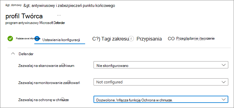 Zrzut ekranu przedstawiający opcję Cloud Protection ustawioną na dozwoloną w Intune.