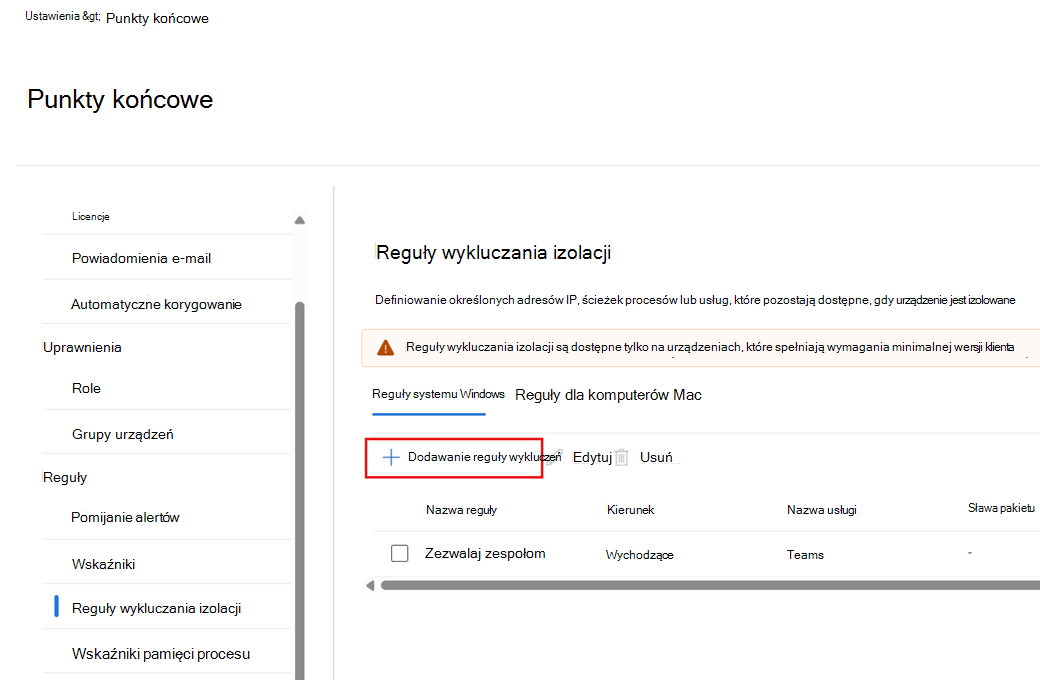 Zrzut ekranu przedstawiający sposób dodawania nowej reguły wykluczania izolacji.