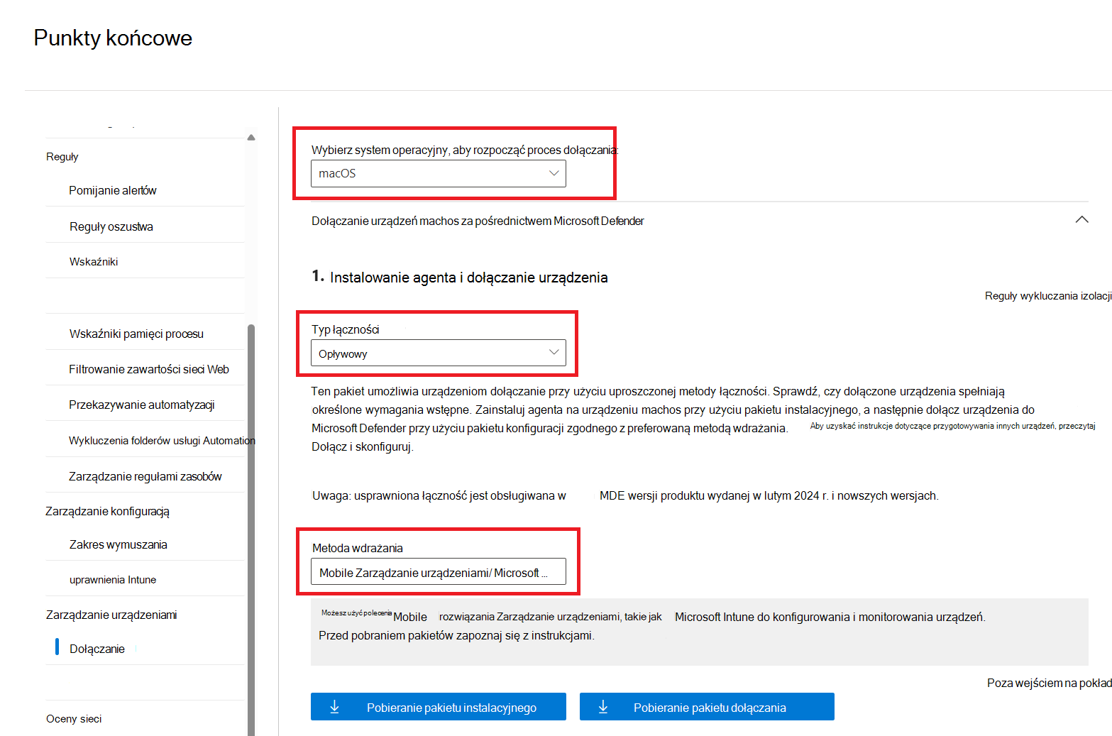 Zrzut ekranu przedstawiający stronę Dołączanie z wyróżnioną Zarządzanie urządzeniami/Microsoft Intune metodą wdrażania mobile Zarządzanie urządzeniami/Microsoft Intune.