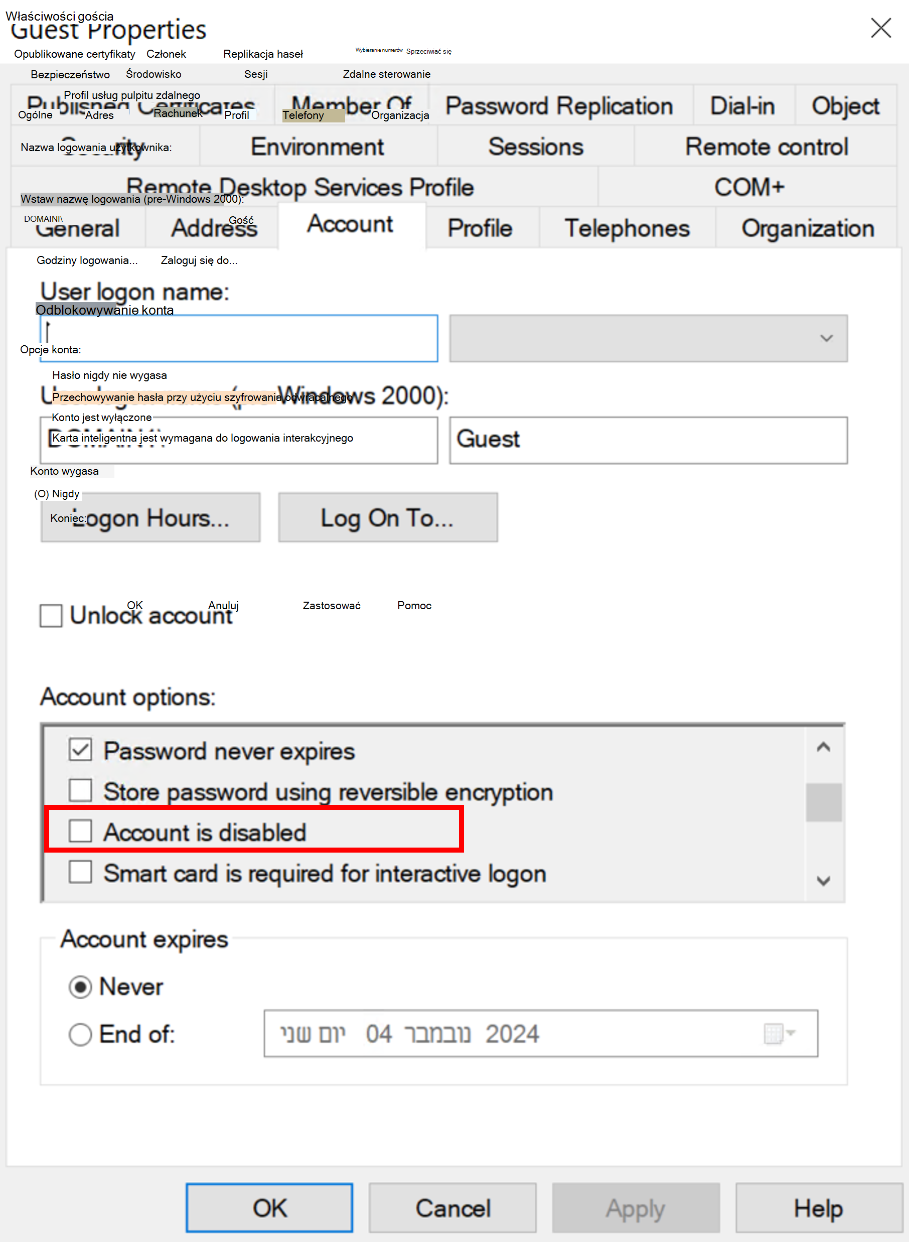 Zrzut ekranu przedstawiający właściwości gościa.