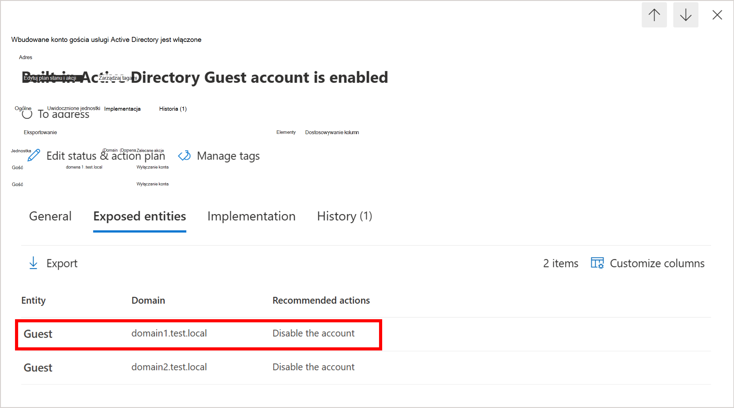 Zrzut ekranu przedstawiający włączone wbudowane konto usługi Active Directory.