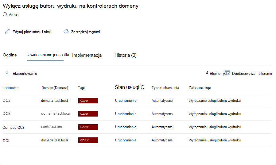 Zrzut ekranu przedstawiający listę uwidocznionych jednostek z uruchomioną usługą buforu wydruku.