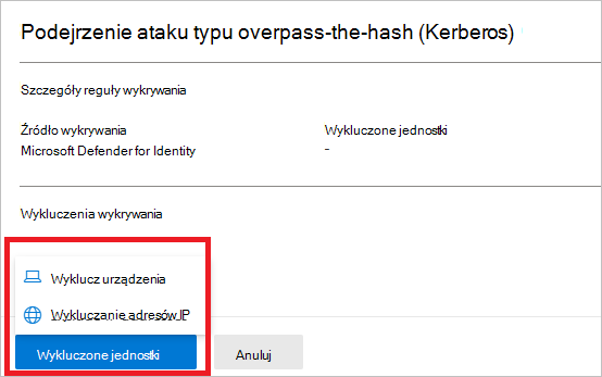 Zrzut ekranu przedstawiający opcje wykluczania urządzeń lub adresów IP.