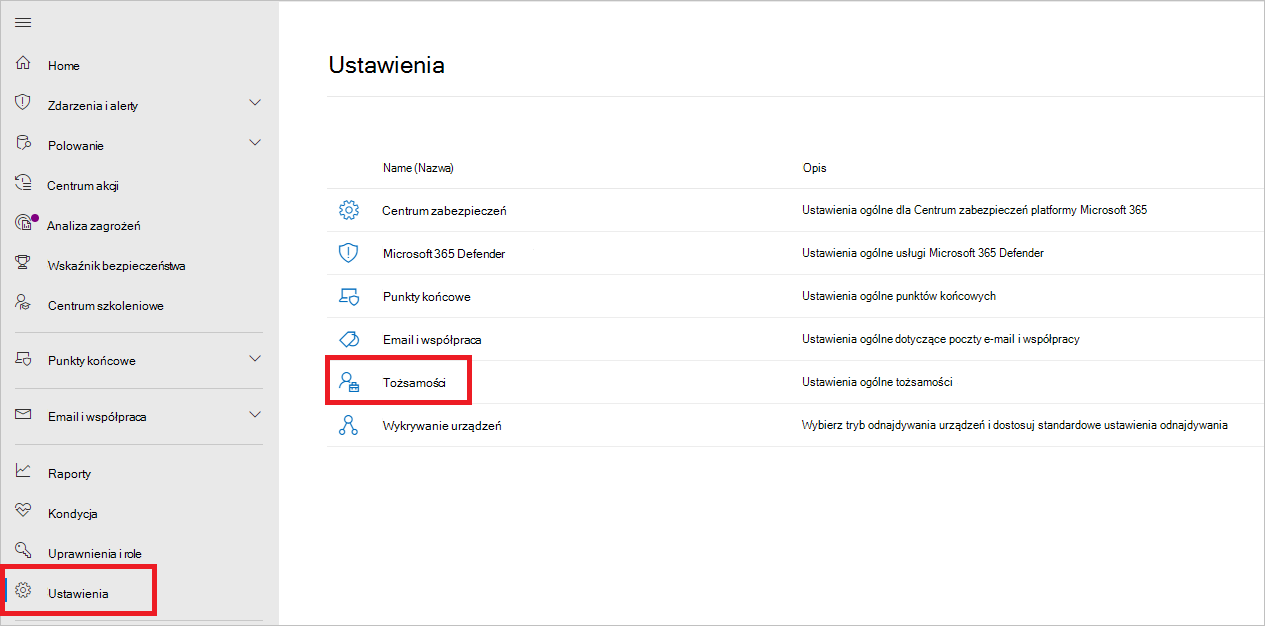 Zrzut ekranu przedstawiający stronę ustawień tożsamości w portalu Microsoft Defender.