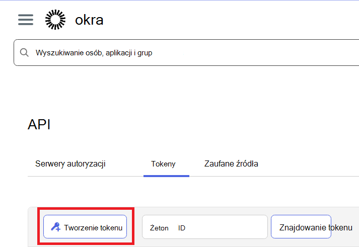 Zrzut ekranu przedstawiający kartę Tokeny interfejsu API okta z wyróżnionym przyciskiem Utwórz token.