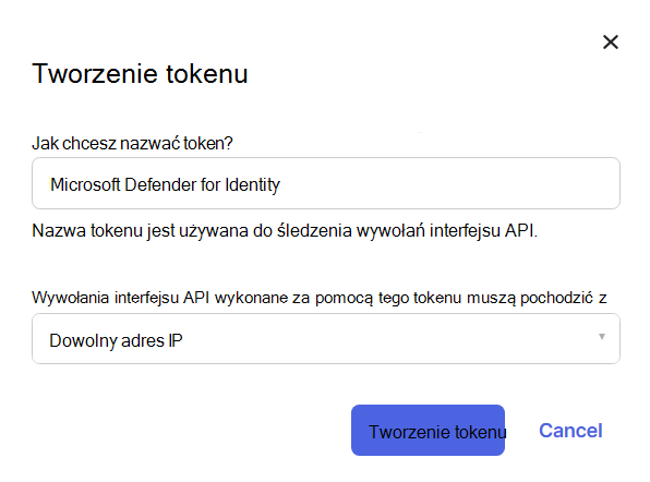 Zrzut ekranu przedstawiający formularz Okta Utwórz token z polami dotyczącymi nazwy tokenu i ograniczenia adresu IP oraz wyróżnionym przyciskiem Utwórz token.