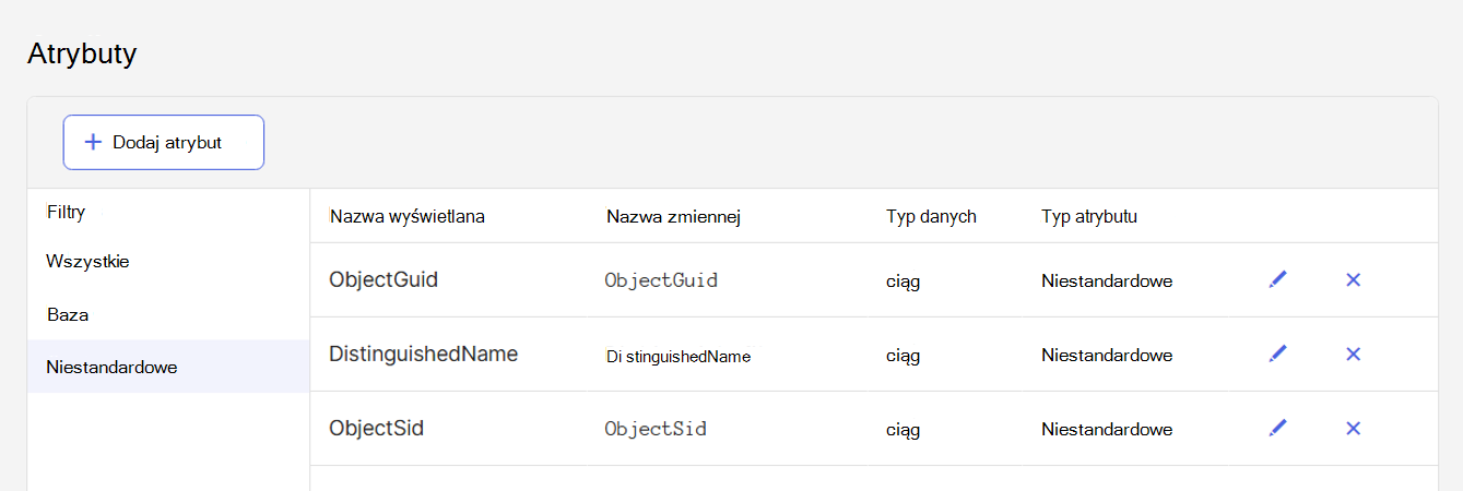 Zrzut ekranu przedstawiający stronę Atrybuty Okta. Wyświetlane są trzy atrybuty: ObjectGuid, DistinguishedName i ObjectSid.