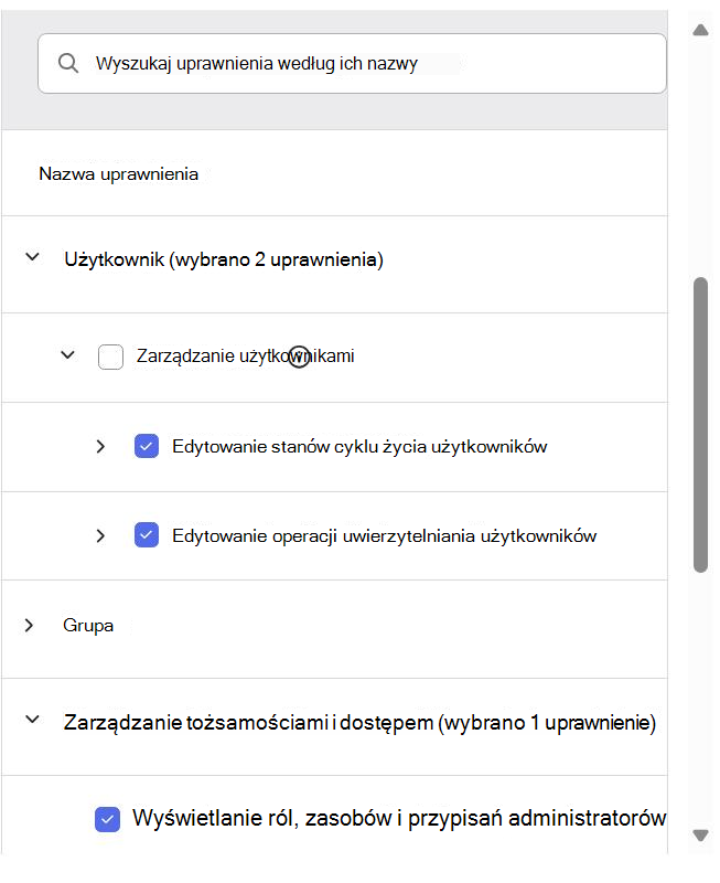 Zrzut ekranu przedstawiający listę uprawnień okta, które należy przypisać podczas dodawania roli niestandardowej.