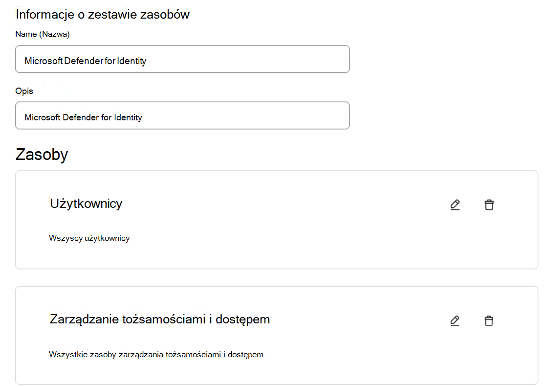 Zrzut ekranu przedstawiający nazwę zestawu zasobów Microsoft Defender for Identity.