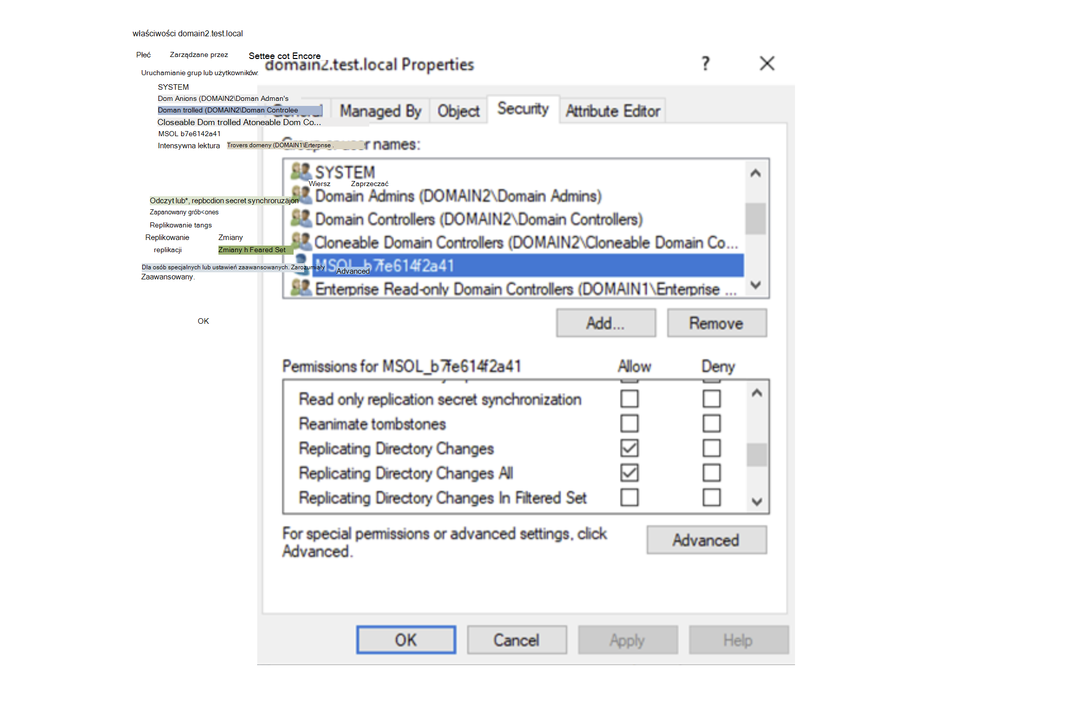 Zrzut ekranu przedstawiający listę uprawnień Microsoft Entra Connect.