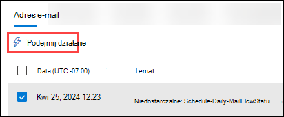 Zrzut ekranu przedstawiający widok wiadomości e-mail (kartę) tabeli szczegółów z wybraną wiadomością i aktywną akcję Take Action (Aktywne działanie).