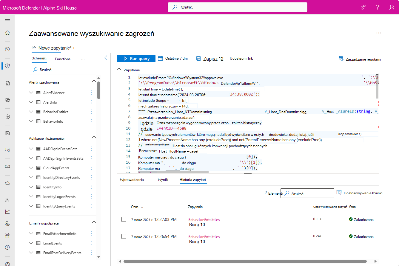 Zrzut ekranu przedstawiający ekran Zaawansowane wyszukiwanie zagrożeń z zapytaniem szczegółowym.