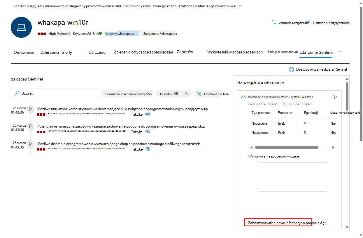 Zrzut ekranu przedstawiający kartę zdarzeń Sentinel na stronie jednostki użytkownika.