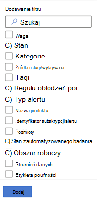 Wszystkie filtry dostępne w kolejce alertów w portalu Microsoft Defender