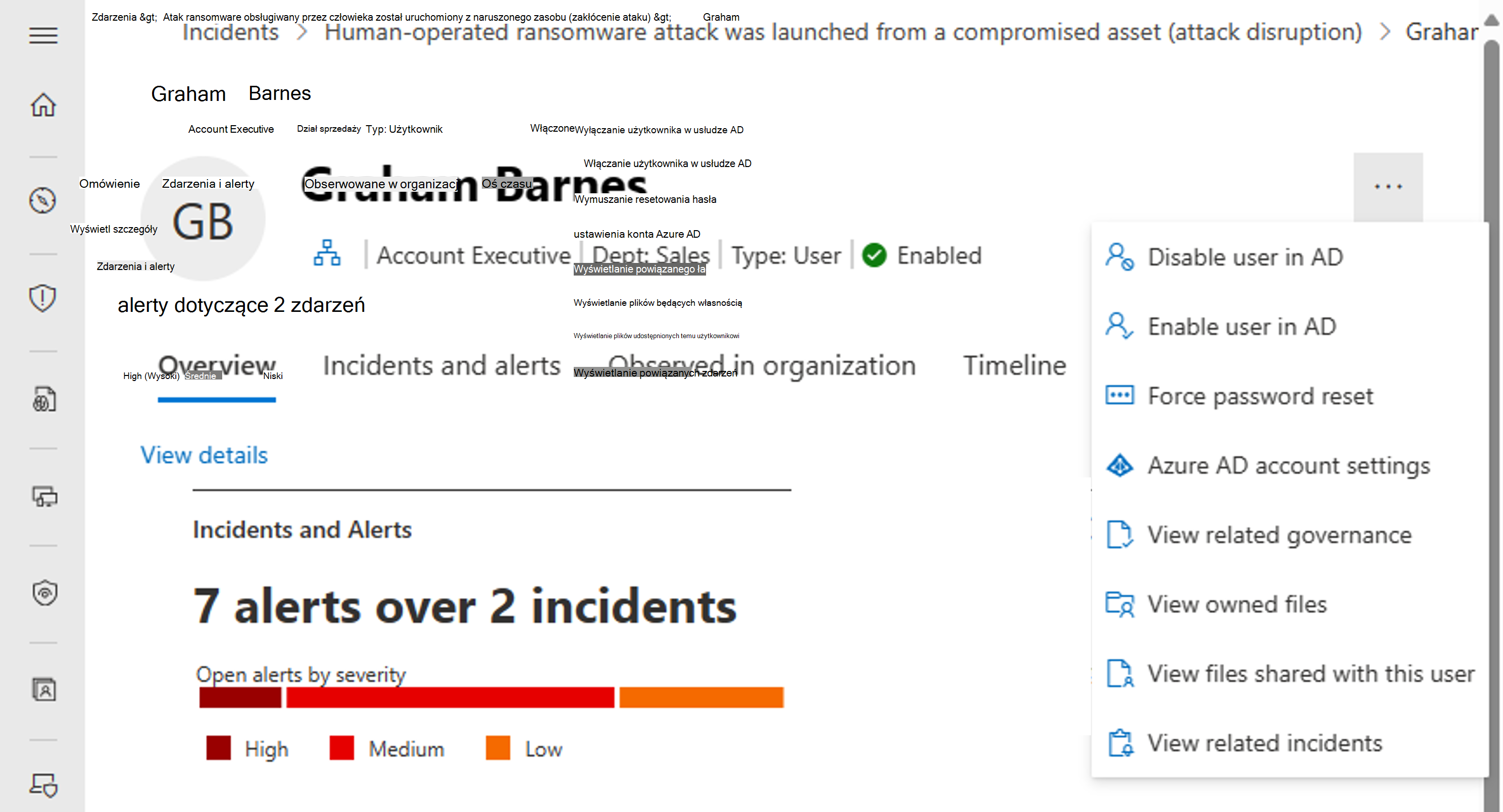 Zrzut ekranu przedstawiający akcje korygowania użytkownika w portalu Microsoft Defender.