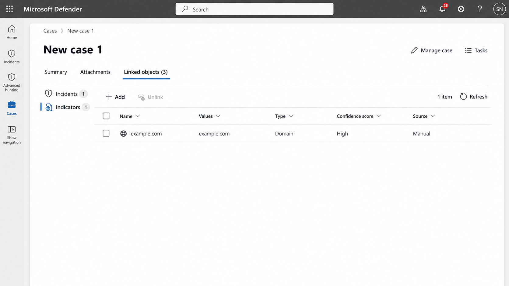 Zrzut ekranu pokazujący zakładkę Obiekty powiązane z powiązanymi wskaźnikami dla ogólnego przypadku w portalu Microsoft Defender.